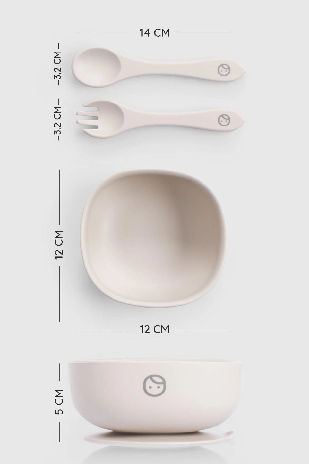 Silicone vacuum food plate and cutlery set in beige, featuring bowl and fork-spoon duo with dimensions for easy self-feeding.