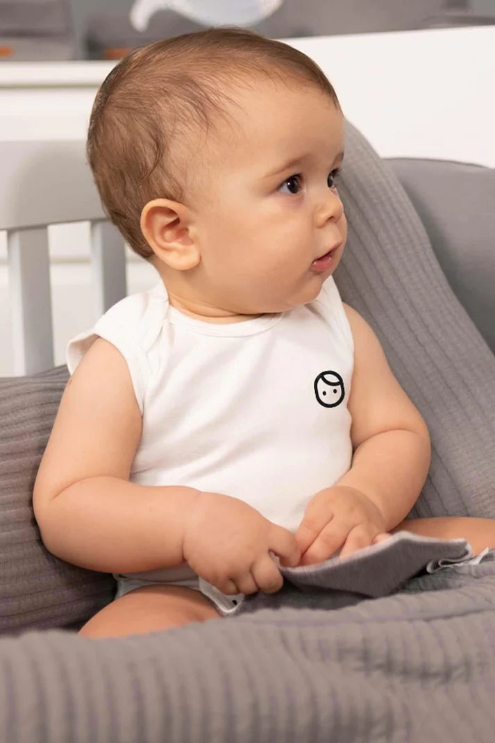 White Organic Cotton Sleeveless Bodysuit with Gusto Print - Soft & Playful
