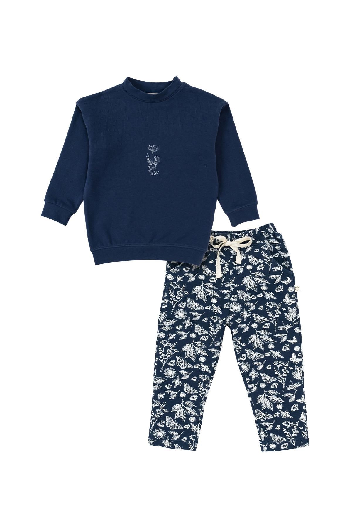 Navy Leaf Pattern Organic Cotton Tracksuit Set for Kids - Soft & Cozy