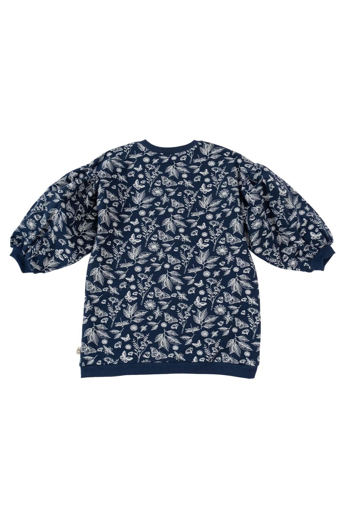 Organic Cotton Balloon Sleeve Sweatshirt - Navy Blue with Print 