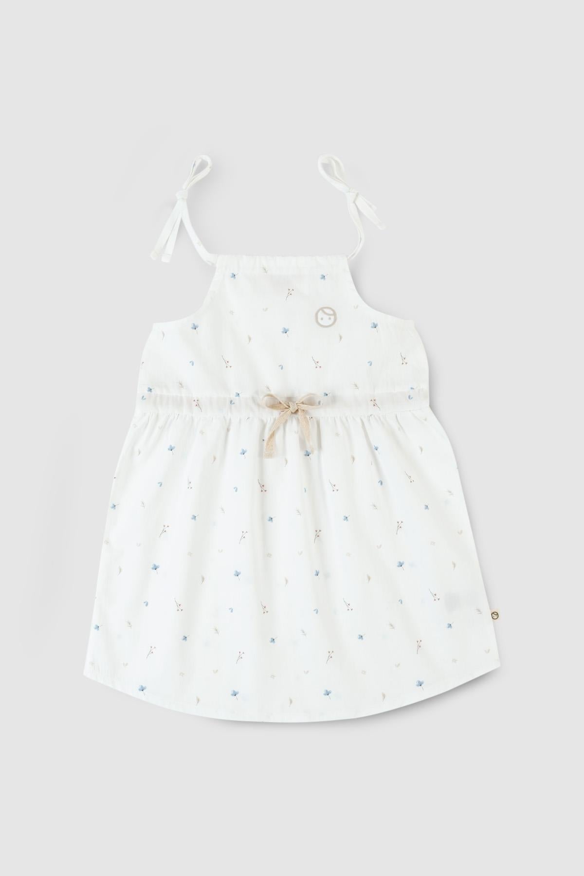 White Organic Cotton Dress with Floral Strap - Soft & Stylish for Kids