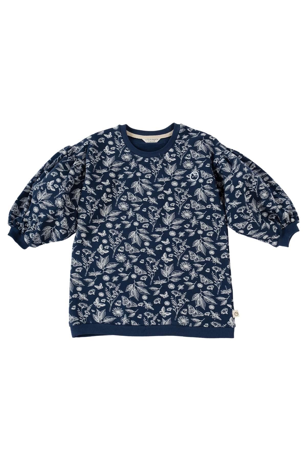 Organic Cotton Balloon Sleeve Sweatshirt - Navy Blue with Print 