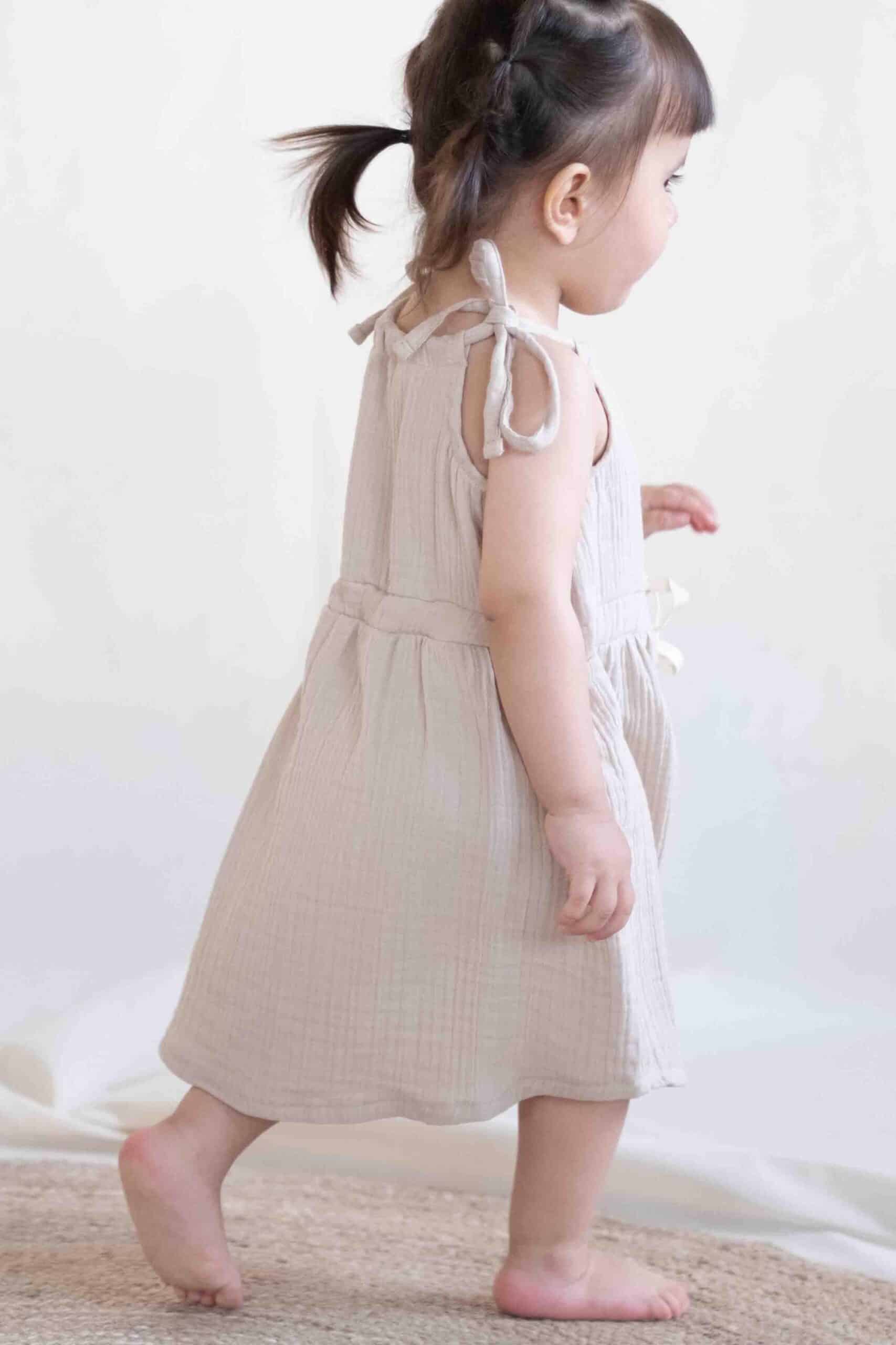 Organic Cotton Muslin Dress with Straps in Beige - Comfortable and Chic