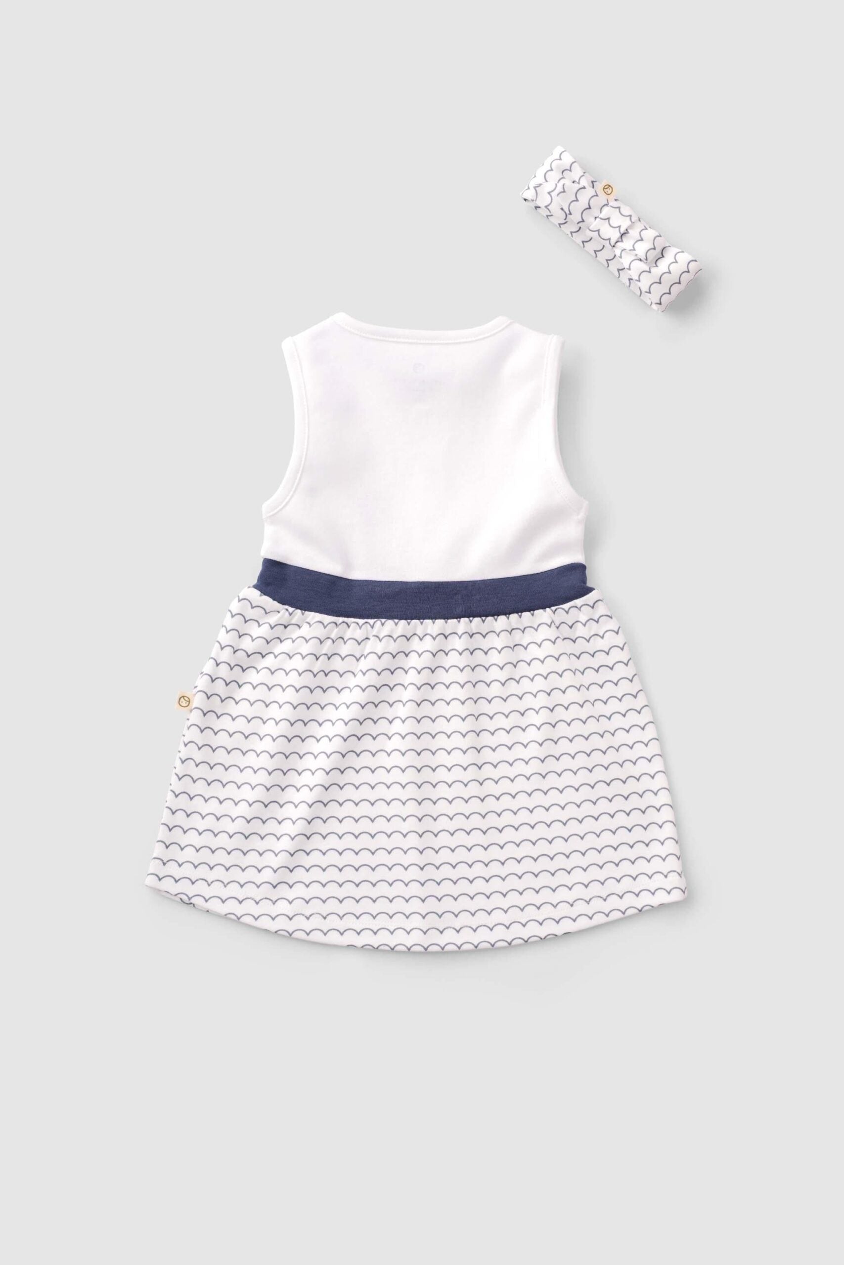 Organic Cotton White Dress & Headband Set with Wave Pattern - Soft & Stylish