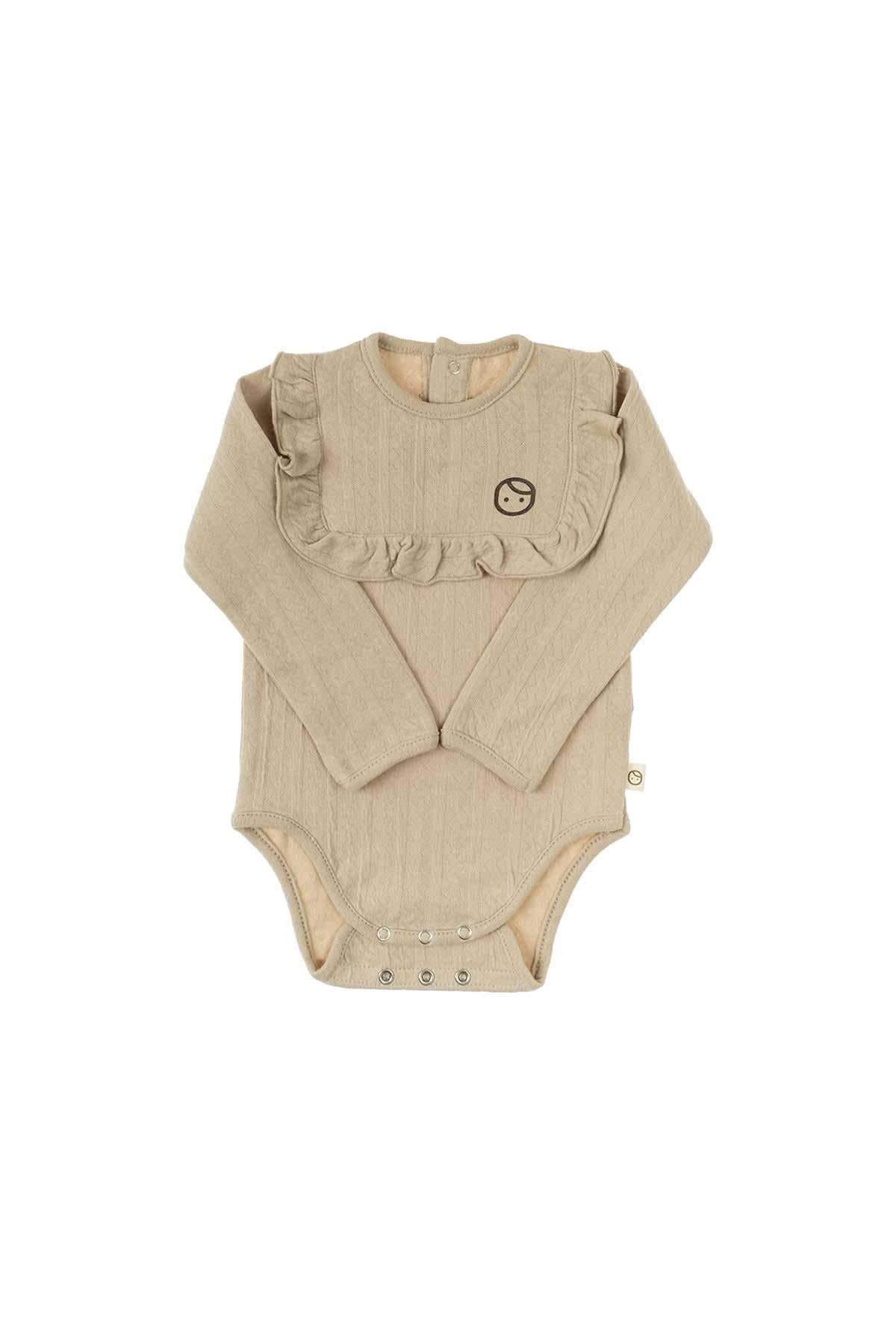 Long Sleeve Quilted Ruffle Organic Cotton Bodysuit - Beige | Soft & Breathable