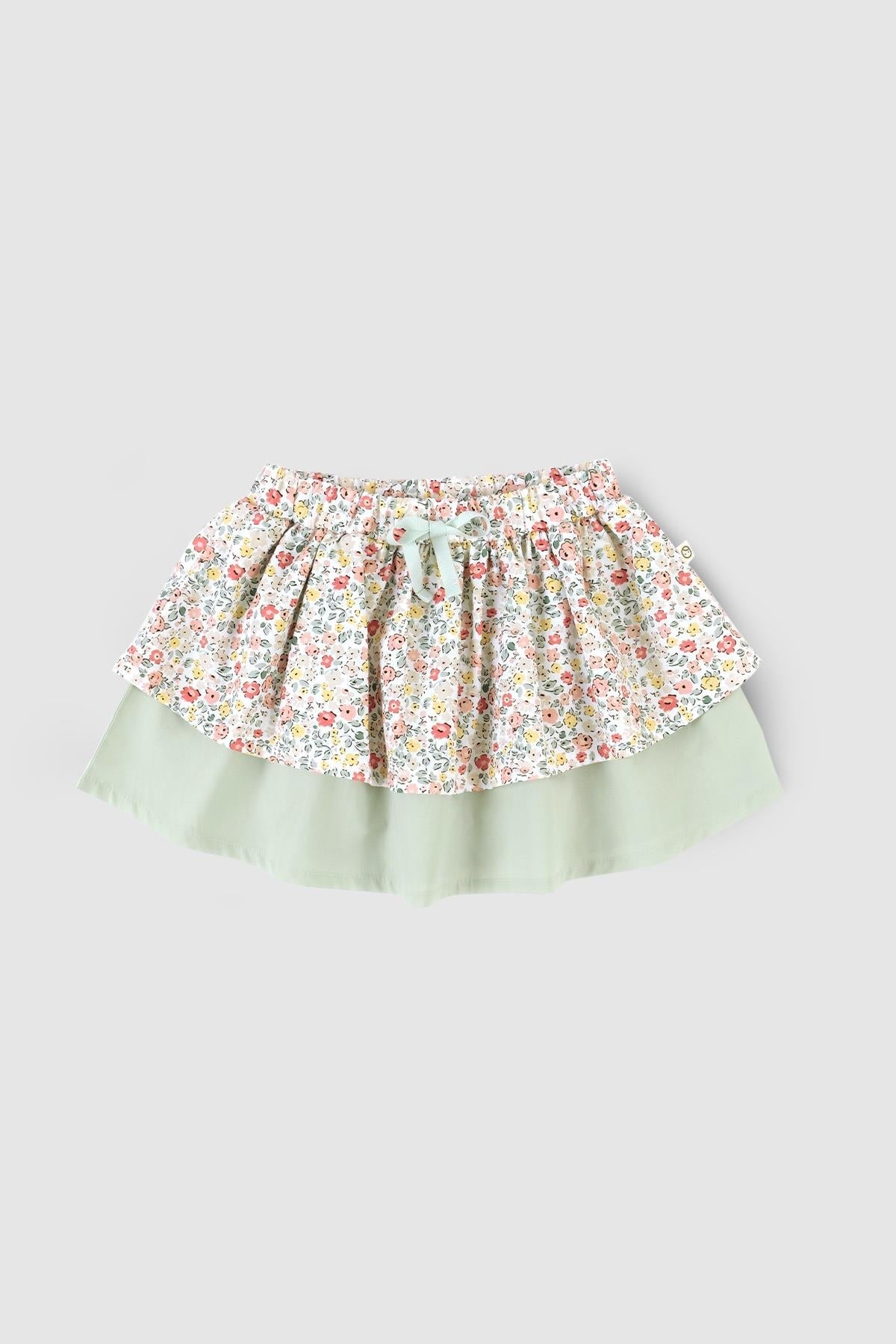 Organic Cotton Tiered Green Skirt With Flower Patterned Kids