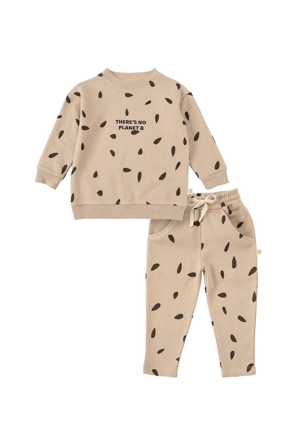 Beige Leaf Pattern Organic Cotton Tracksuit Set - Soft & Eco-Friendly