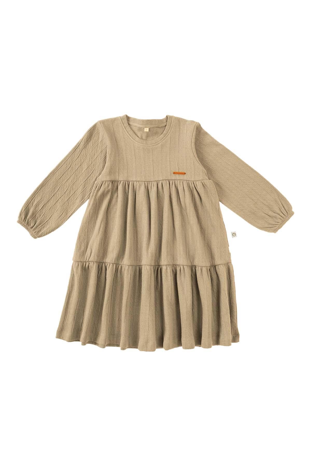 Organic Cotton Long Sleeve Tiered Dress in Beige - Sustainable Fashion