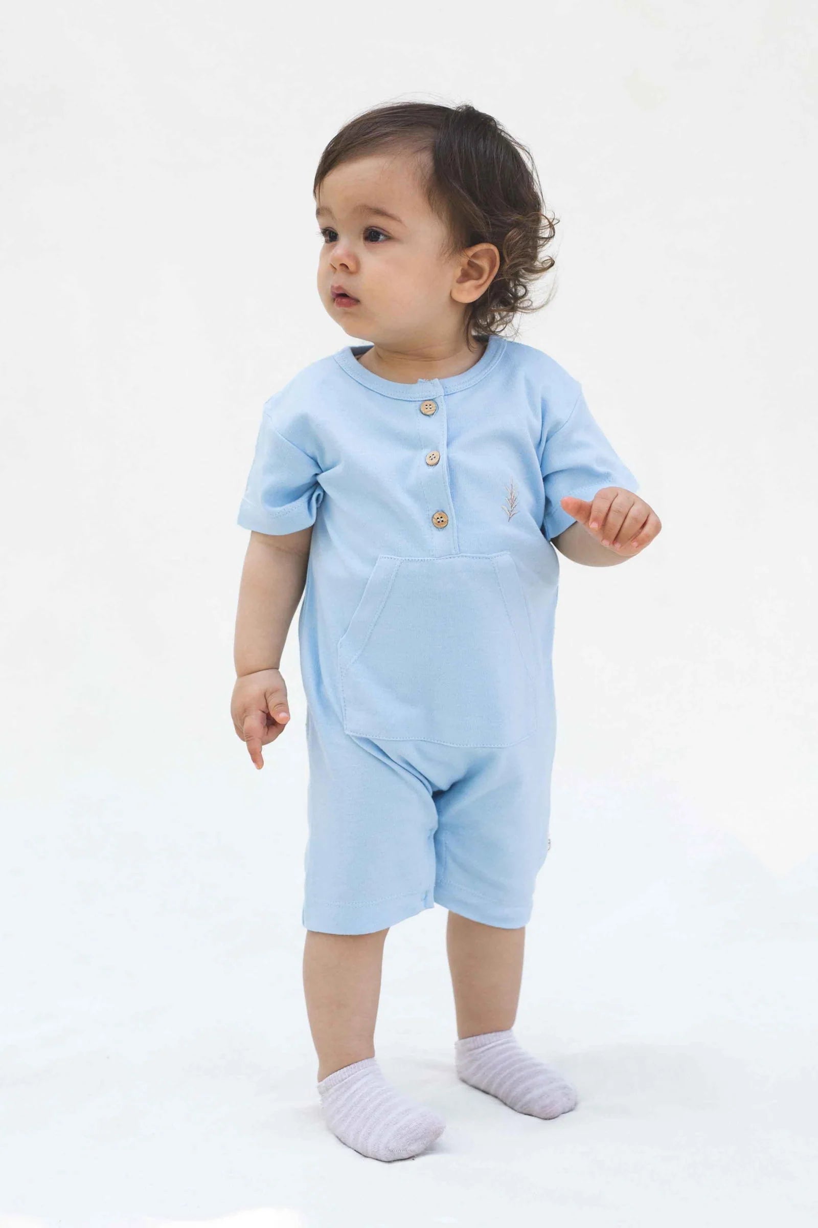 Bamboo Snap-Button Romper with Leaf Print - Blue