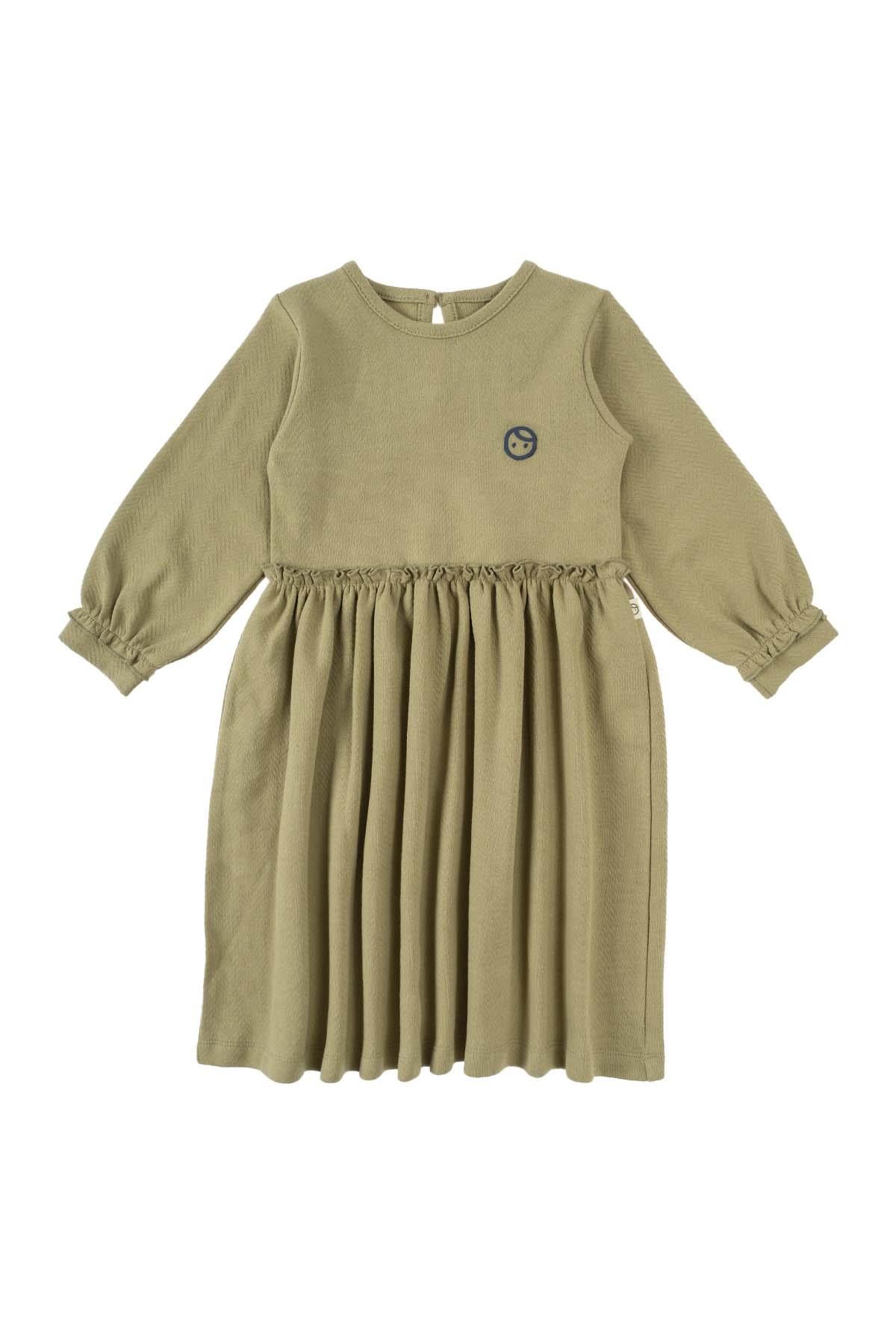 Khaki Organic Cotton Ruffle Dress for Kids | Stylish & Eco-Friendly