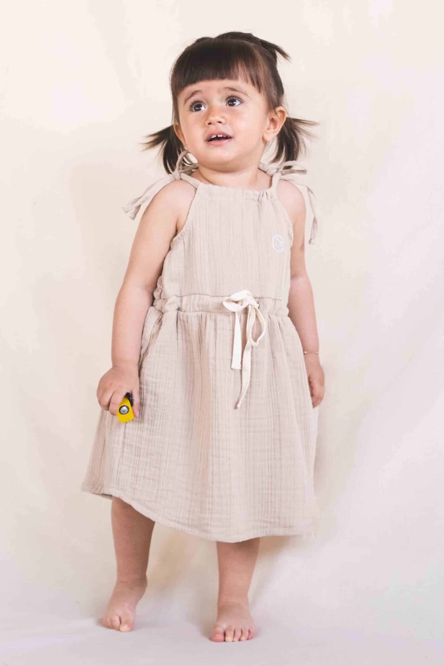 Organic Cotton Muslin Dress with Straps in Beige - Comfortable and Chic