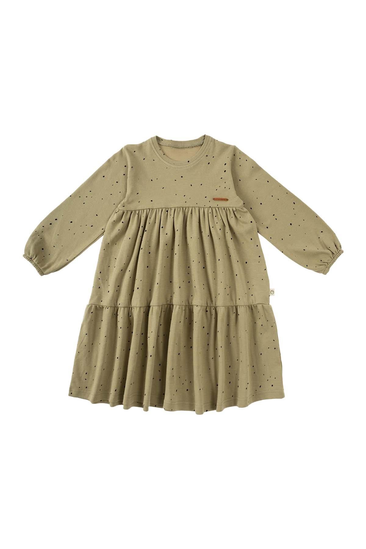 Organic Cotton Long Sleeve Tiered Dress in Khaki Cosmos - Sustainable