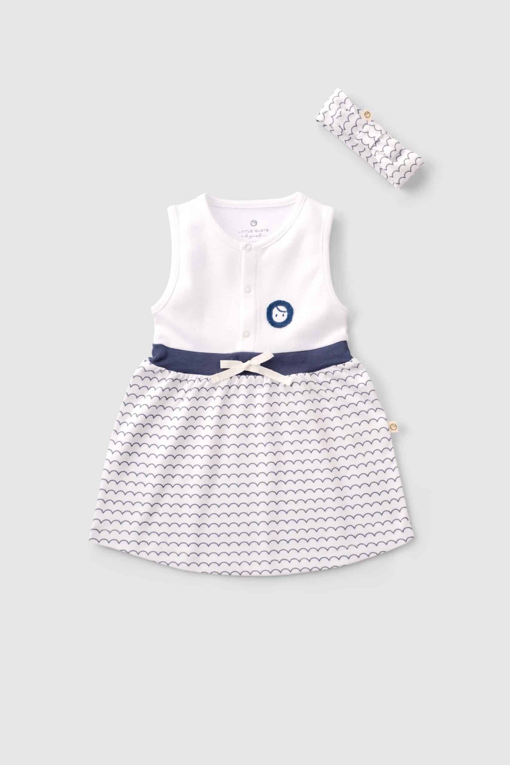 Organic Cotton White Dress & Headband Set with Wave Pattern - Soft & Stylish