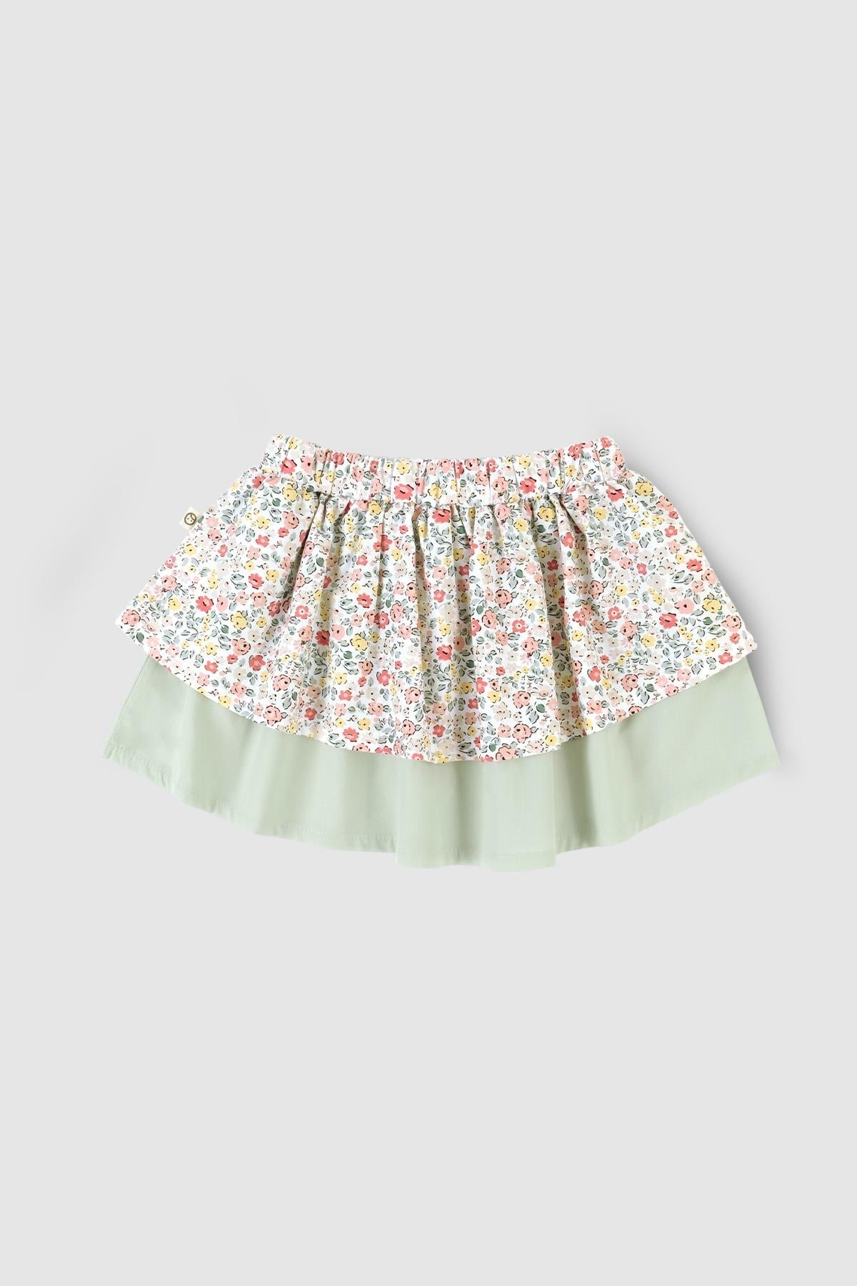 Organic Cotton Tiered Green Skirt With Flower Patterned Kids