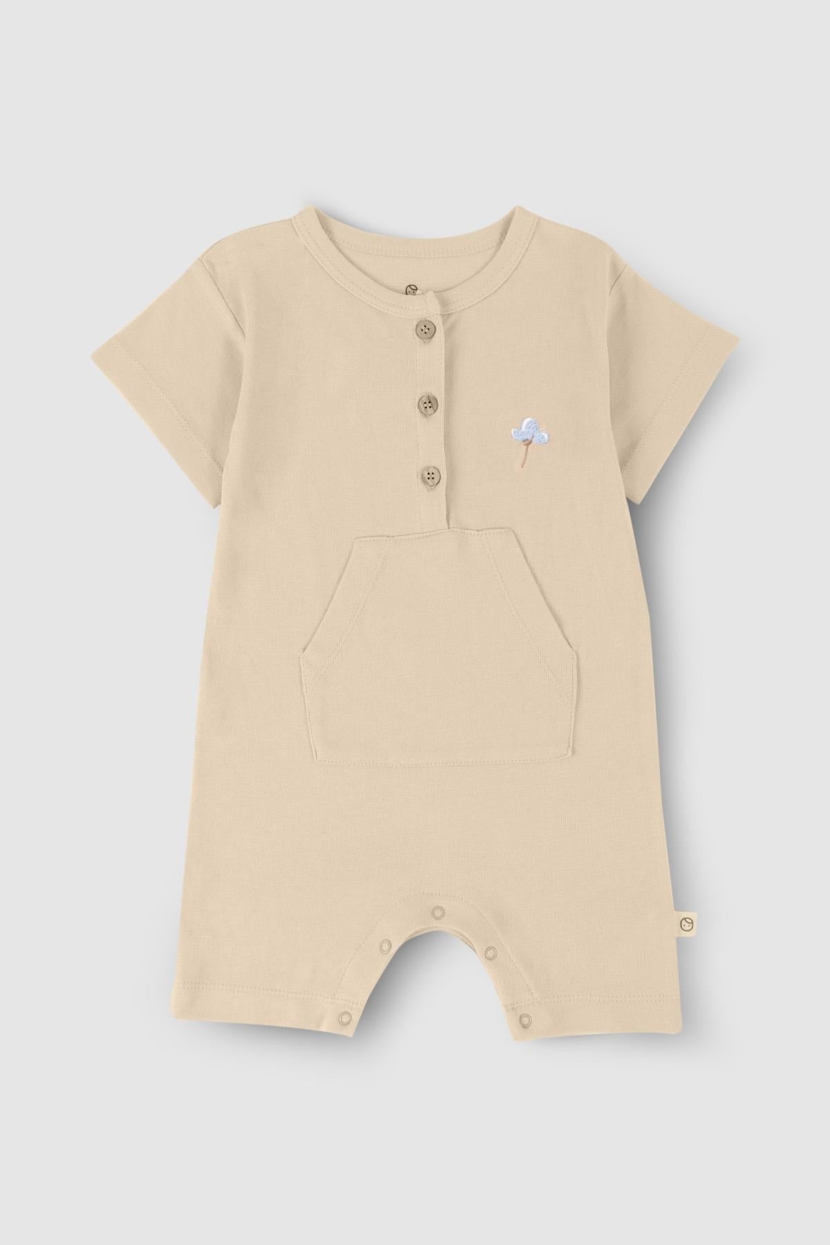 Bamboo Snap-Button Romper With Flower Detail - Beige | Soft & Eco-Friendly