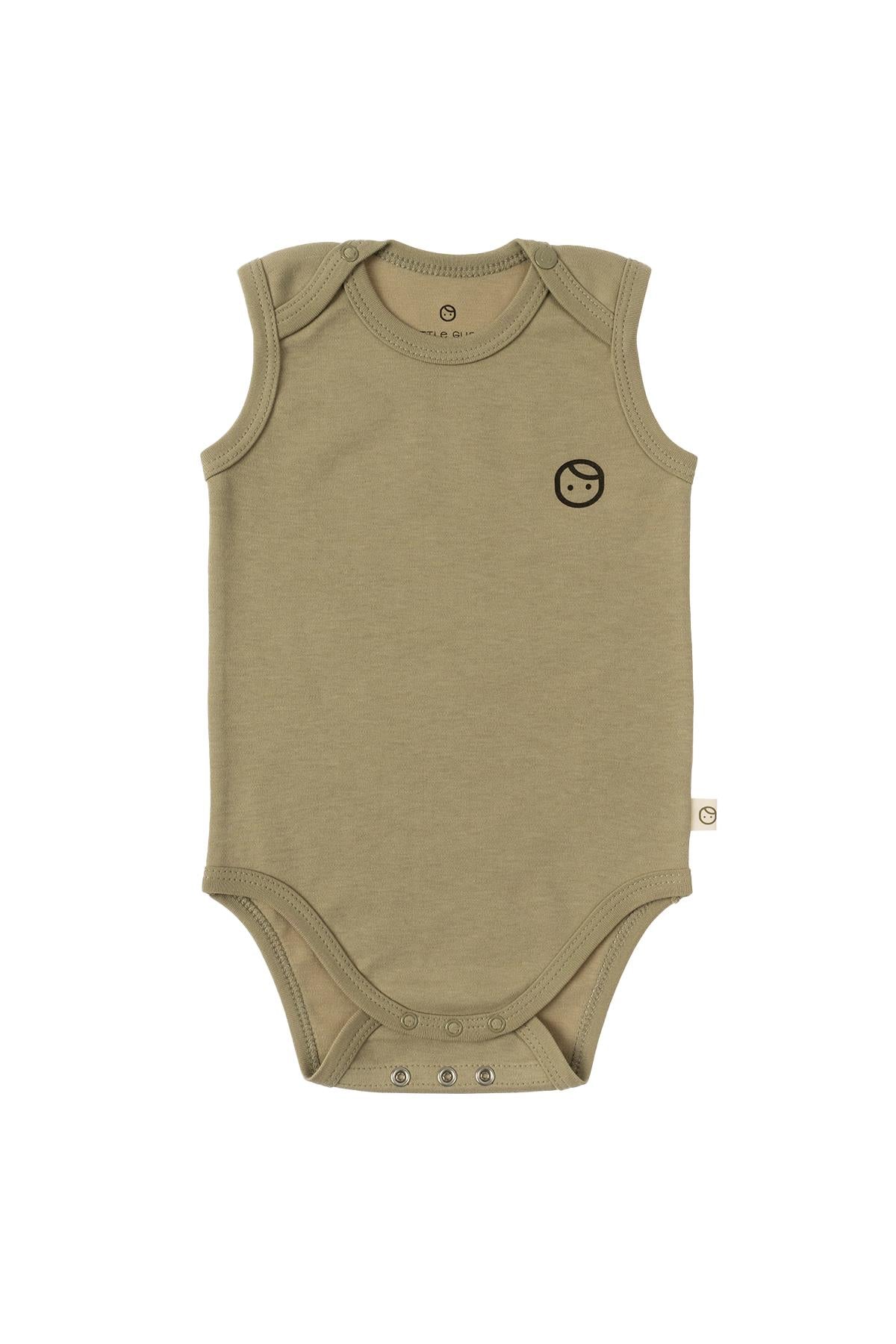 Khaki Organic Cotton Sleeveless Bodysuit with Gusto Print - Soft & Stylish