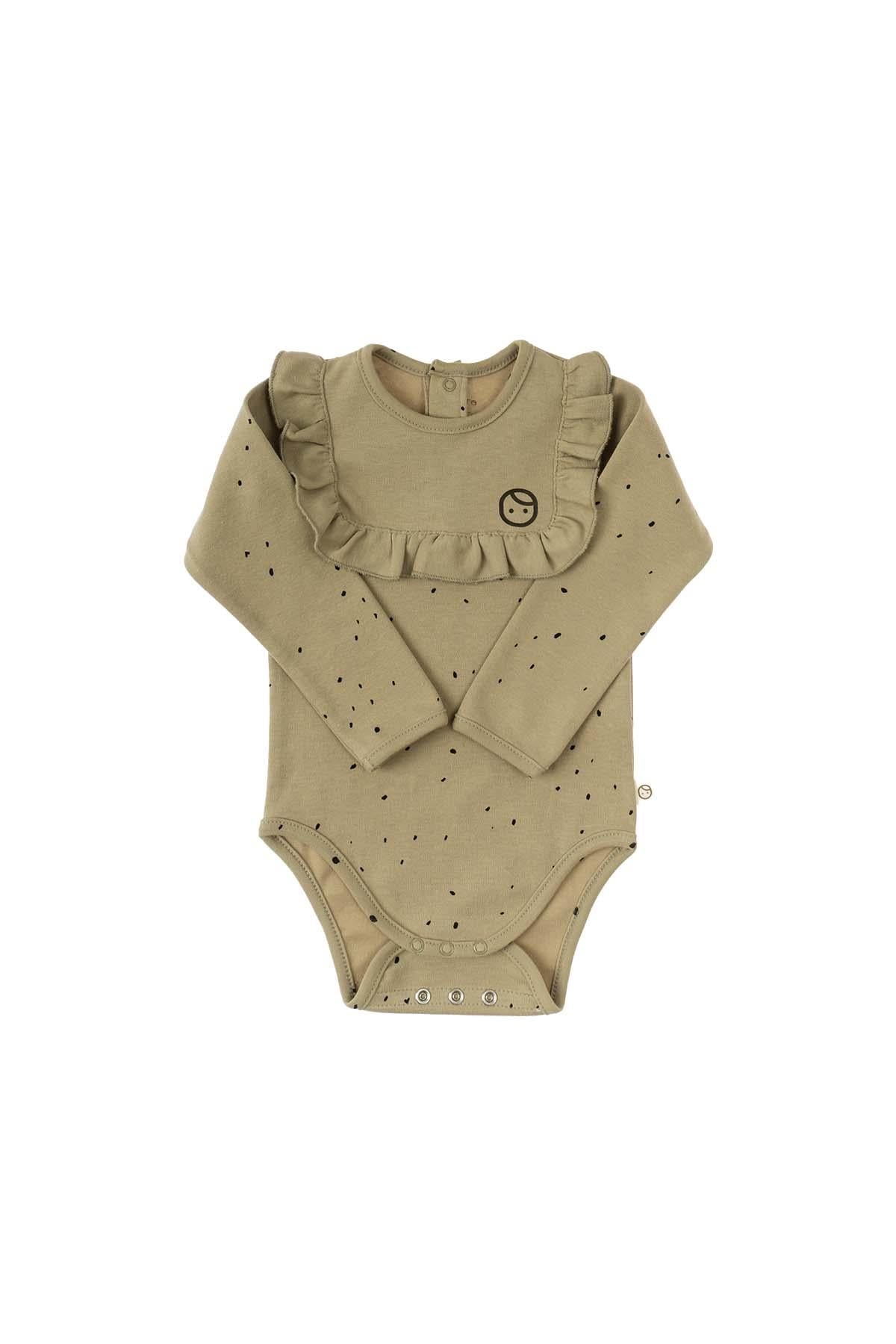 Long Sleeve Quilted Ruffle Organic Cotton Bodysuit - Khaki | Soft & Stylish Baby Wear