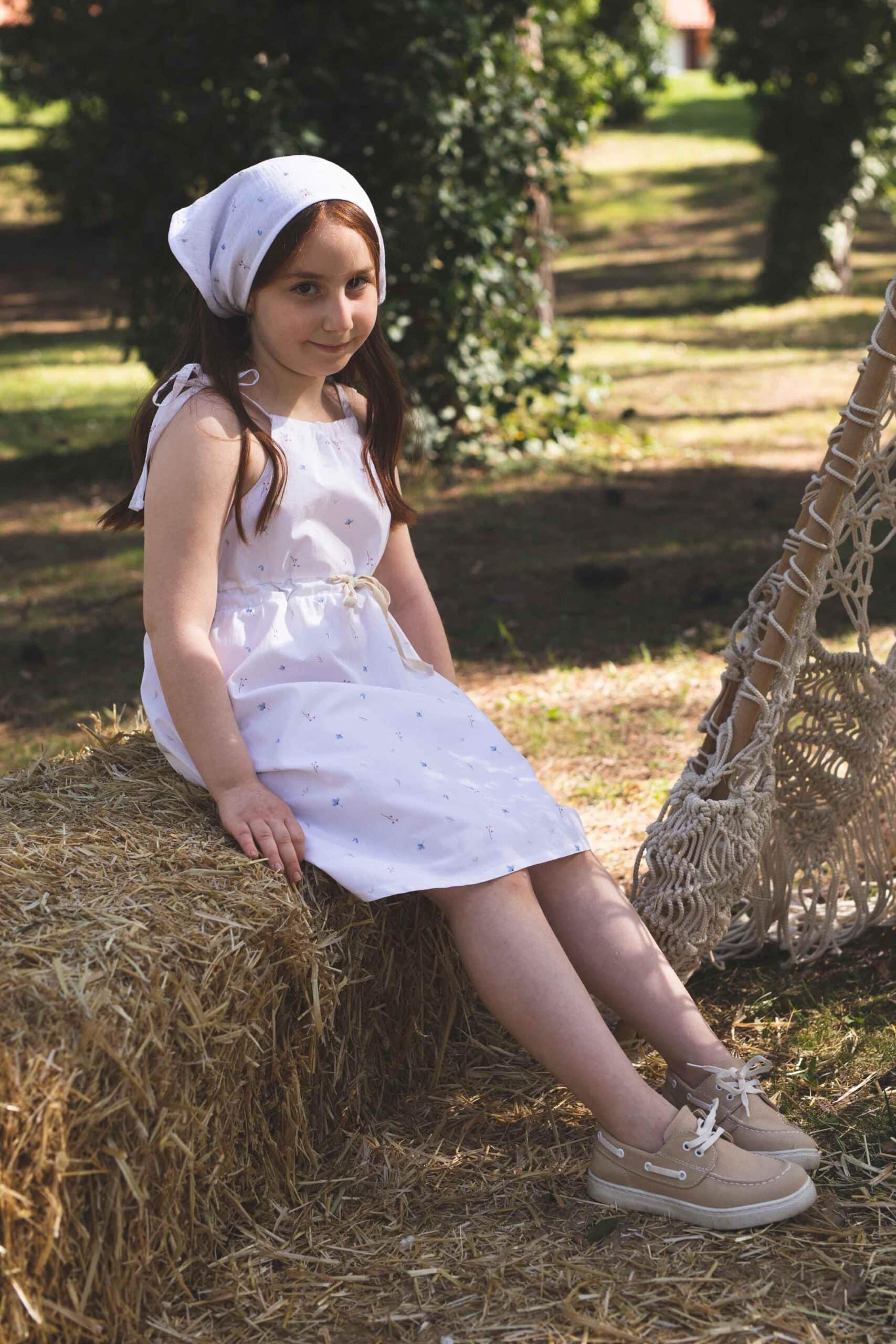 White Organic Cotton Dress with Floral Strap - Soft & Stylish for Kids