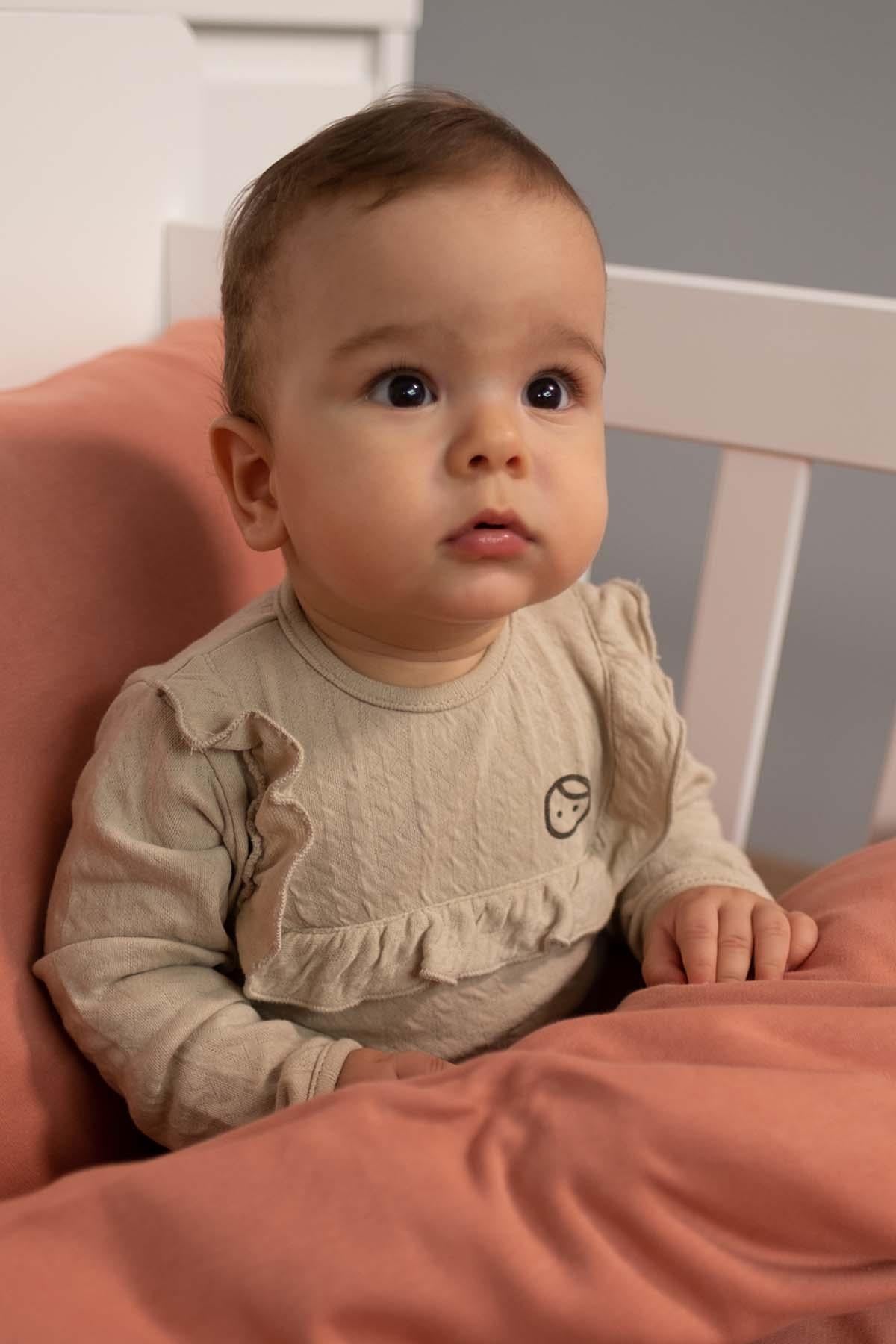 Long Sleeve Quilted Ruffle Organic Cotton Bodysuit - Beige | Soft & Breathable