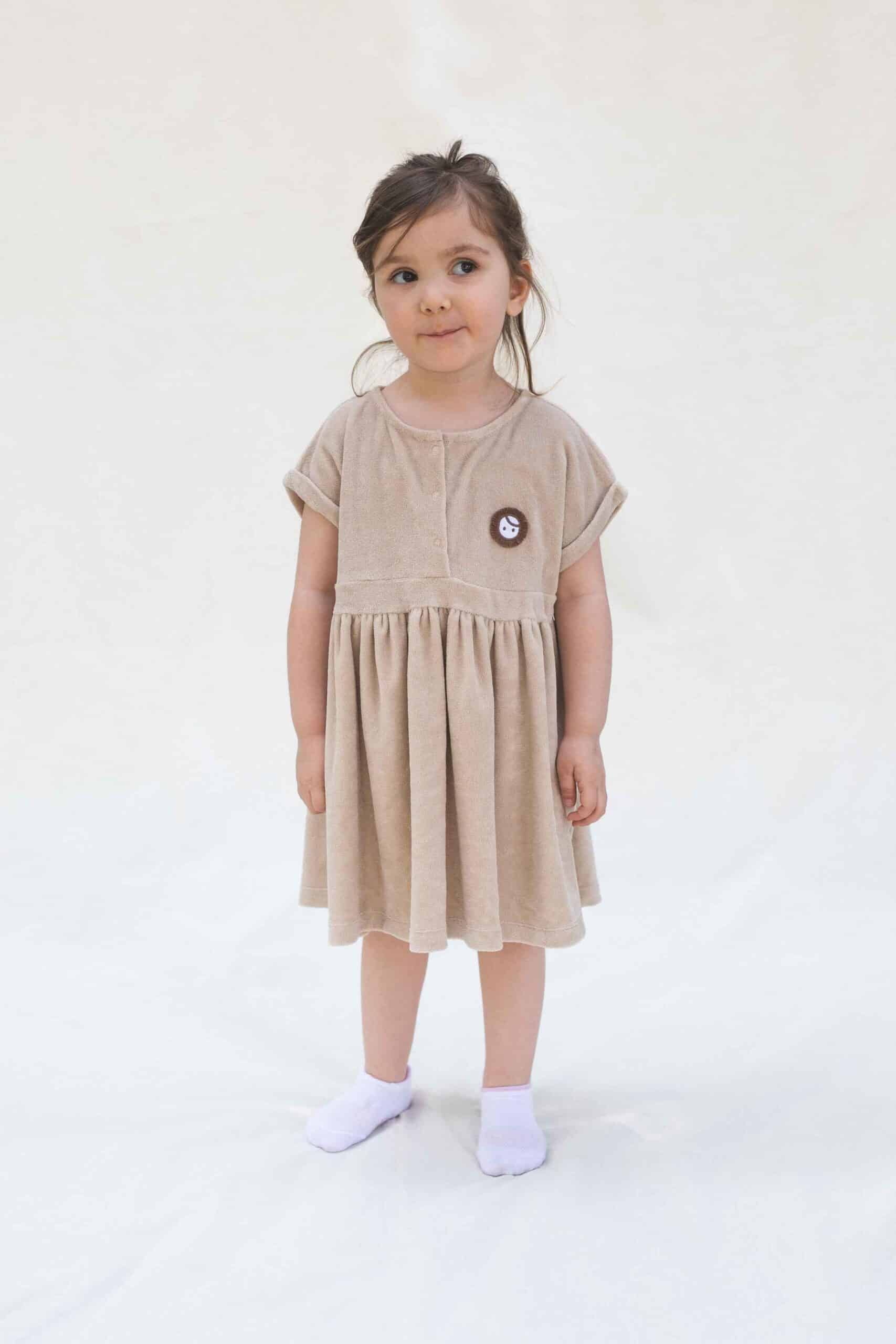 Beige Organic Cotton Short Sleeve Beach Dress for Kids | Summer Style