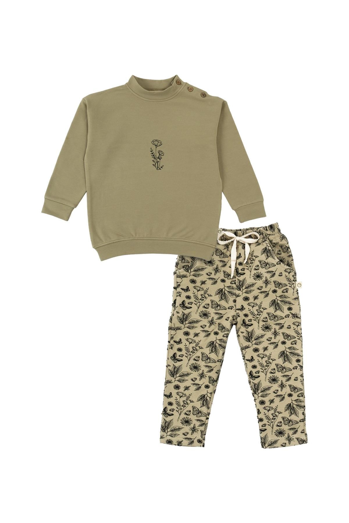 Khaki Leaf Pattern Organic Cotton Tracksuit Set for Kids - Soft & Stylish