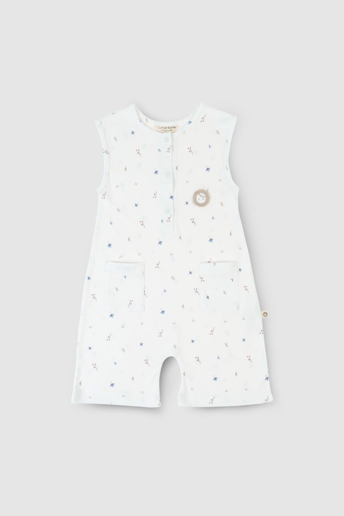 Bamboo Sleeveless Romper - White Flower Pattern | Soft & Eco-Friendly Babywear