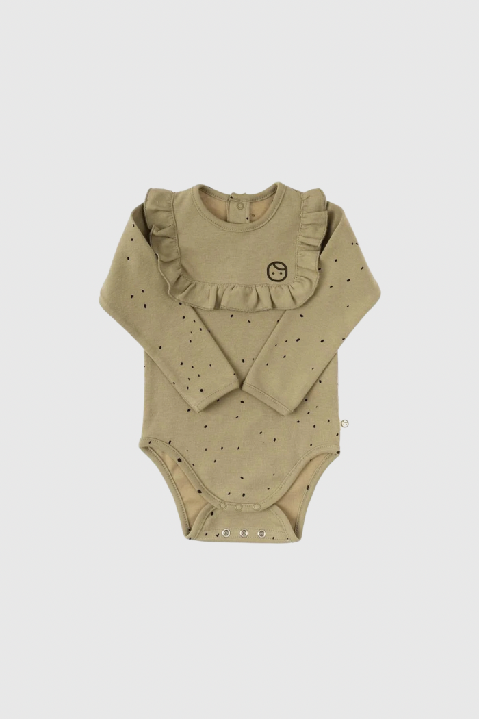 Long Sleeve Quilted Ruffle Organic Cotton Bodysuit - Khaki