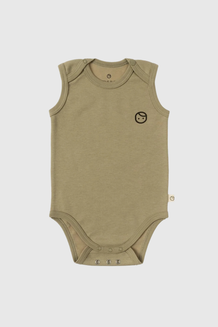 Organic Cotton Sleeveless Bodysuit - Khaki with Gusto Print