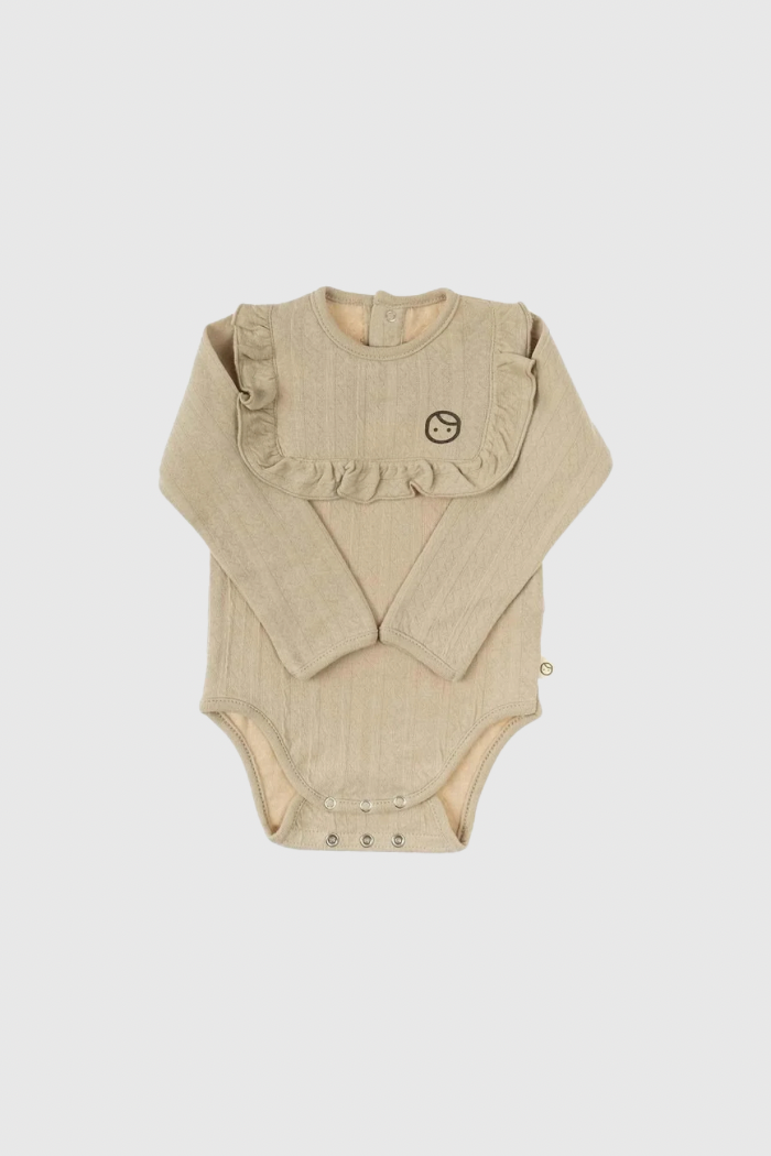 Long Sleeve Quilted Ruffle Organic Cotton Bodysuit - Beige