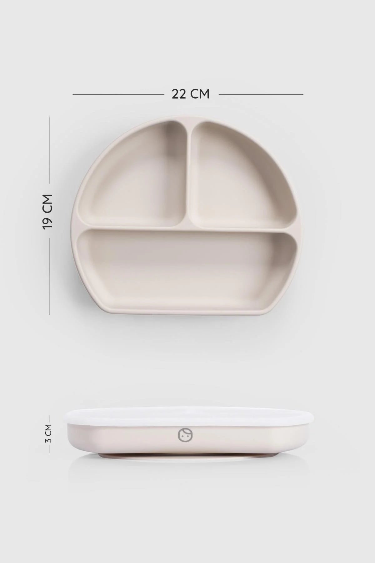 Beige 3-compartment baby feeding plate with lid, featuring suction base for mess-free mealtime.