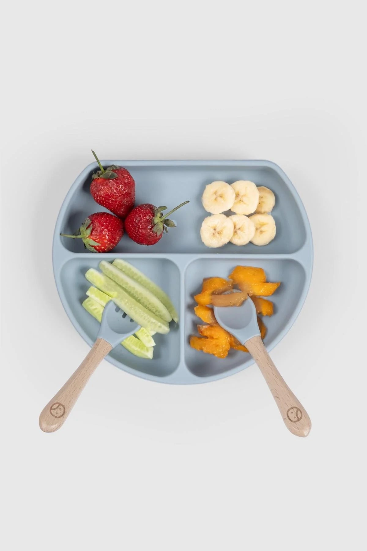 Blue 3-compartment baby feeding plate with lid, featuring fruit and vegetables, designed for organized mealtime.