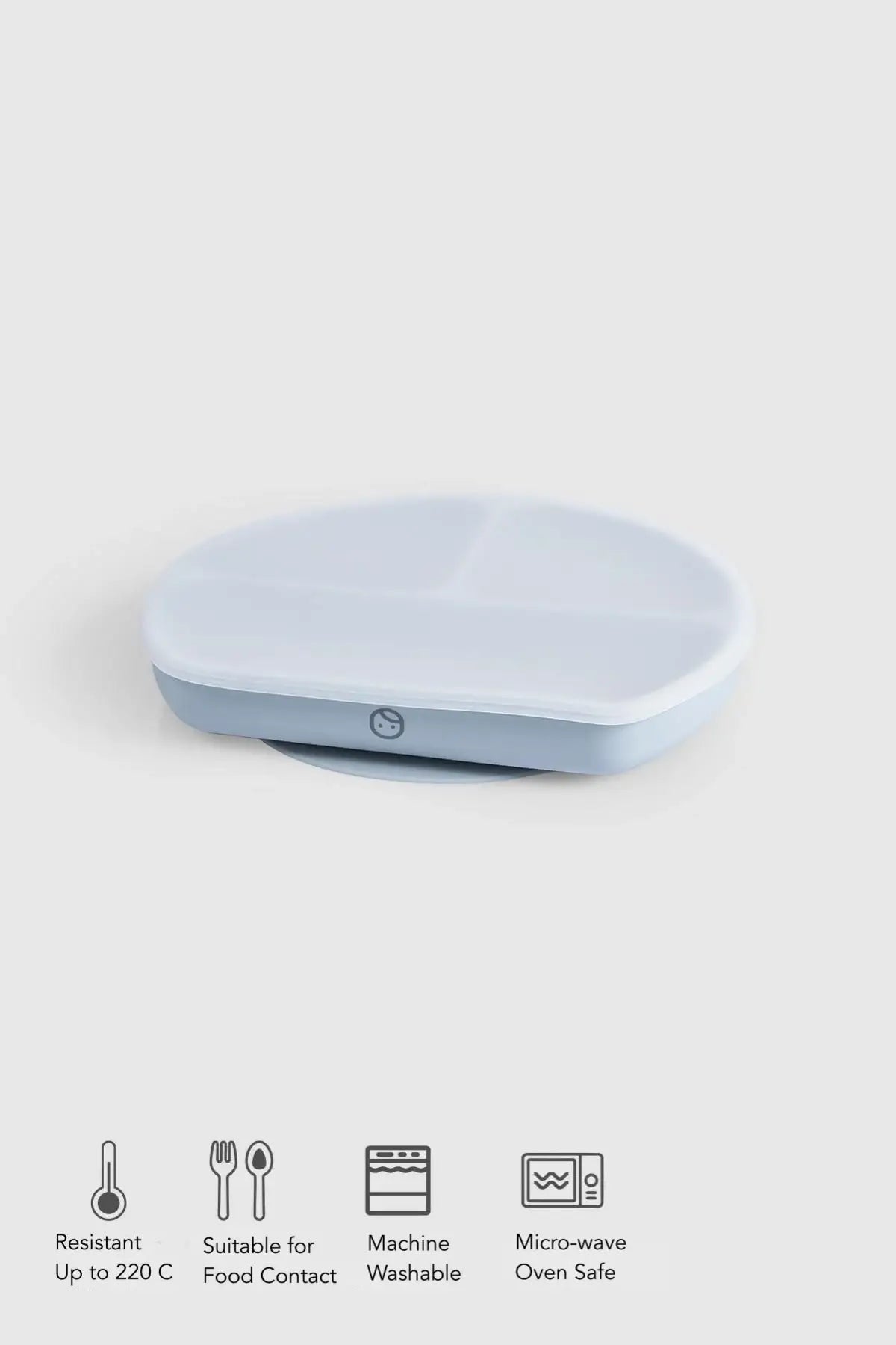 Little Gusto blue 3 compartment baby feeding plate with lid, suitable for food contact and microwave safe.