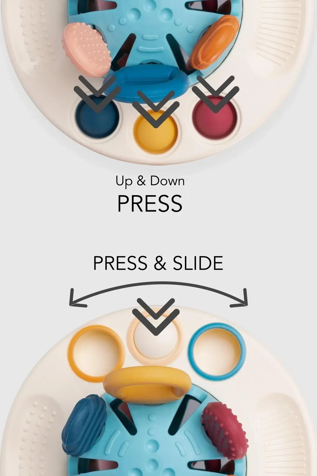 Silicone educational UFO toy demonstrating press and slide features for toddlers' interactive play.