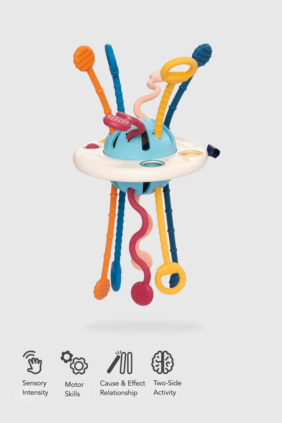 Colorful silicone educational UFO toy stimulating toddlers' sensory play and promoting motor skills and hand-eye coordination.