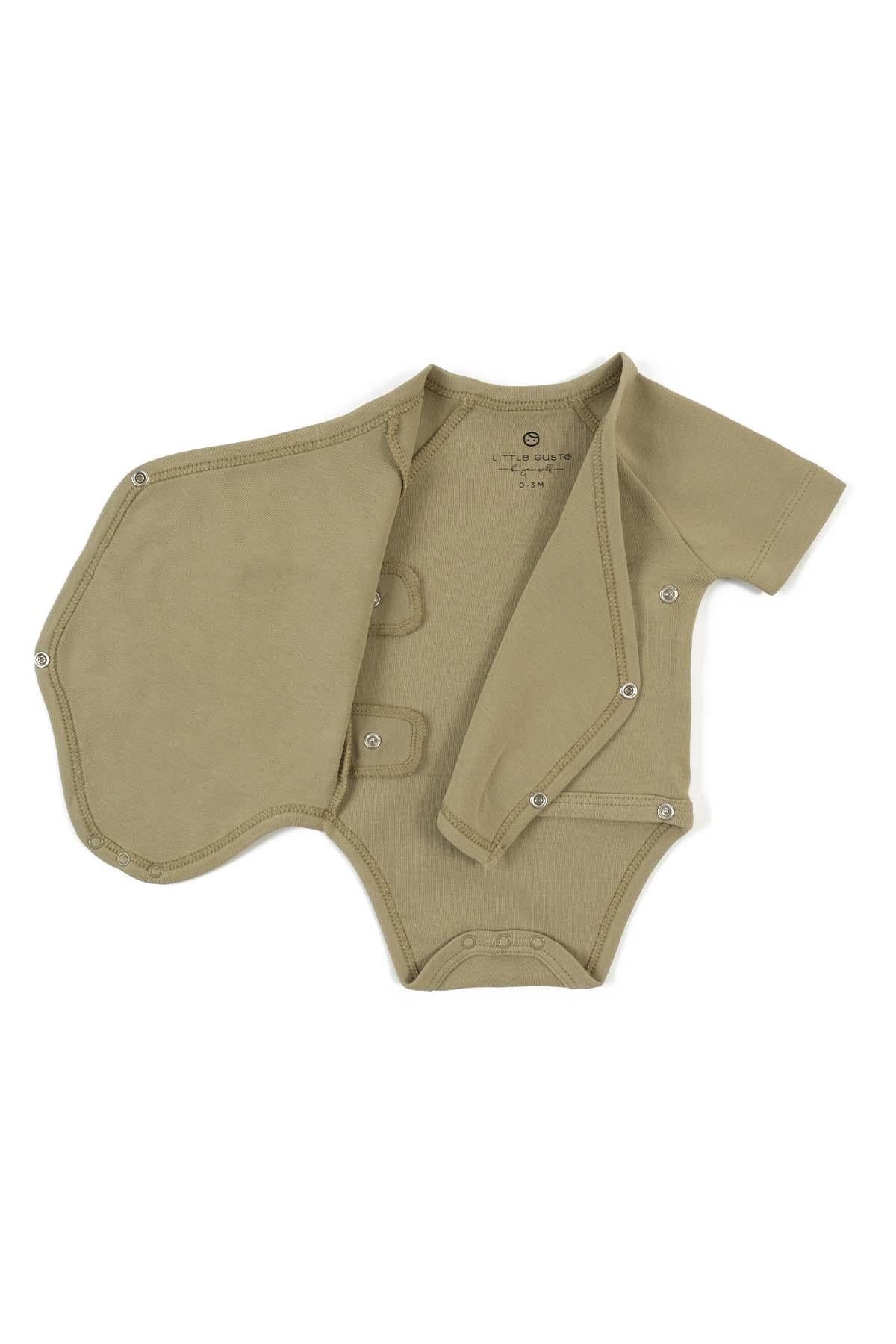 Khaki Organic Cotton Kimono-Style Bodysuit for Kids - Easy Side Snap