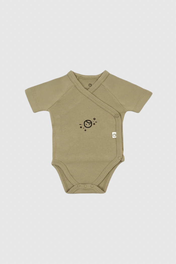 Khaki Organic Cotton Kimono-Style Bodysuit for Kids - Easy Side Snap