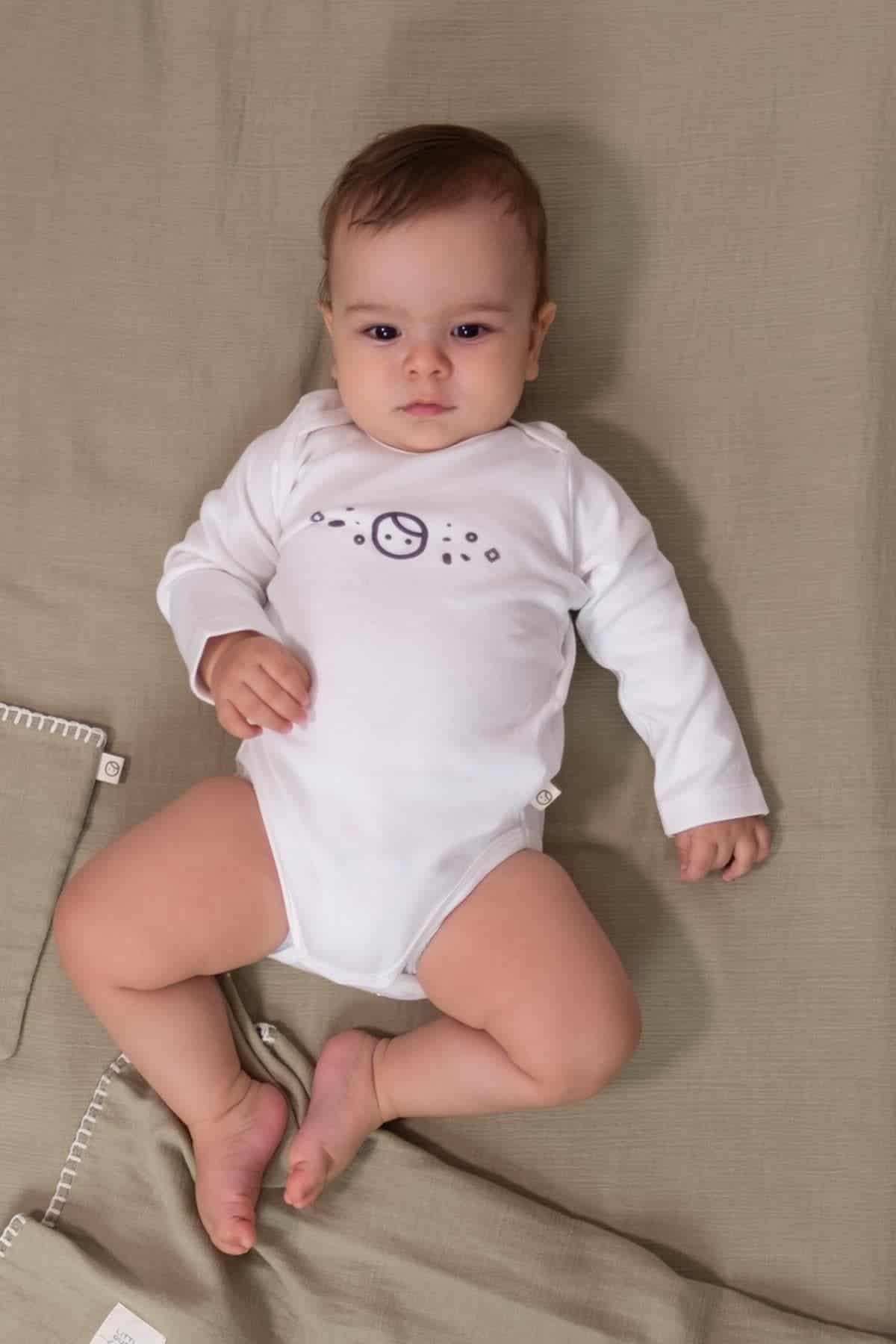 Organic Cotton Long Sleeve Bodysuit with Snap - White with Print