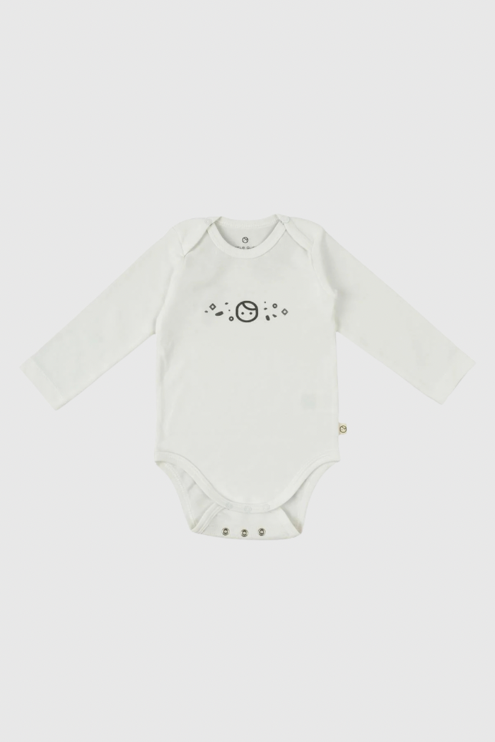 Organic Cotton Long Sleeve Bodysuit with Snap - White with Print