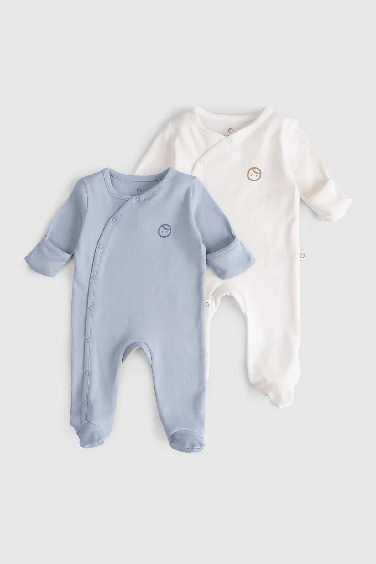 Organic cotton baby sleepsuits, blue and white, in a 2 pack, soft and hypoallergenic for infants.