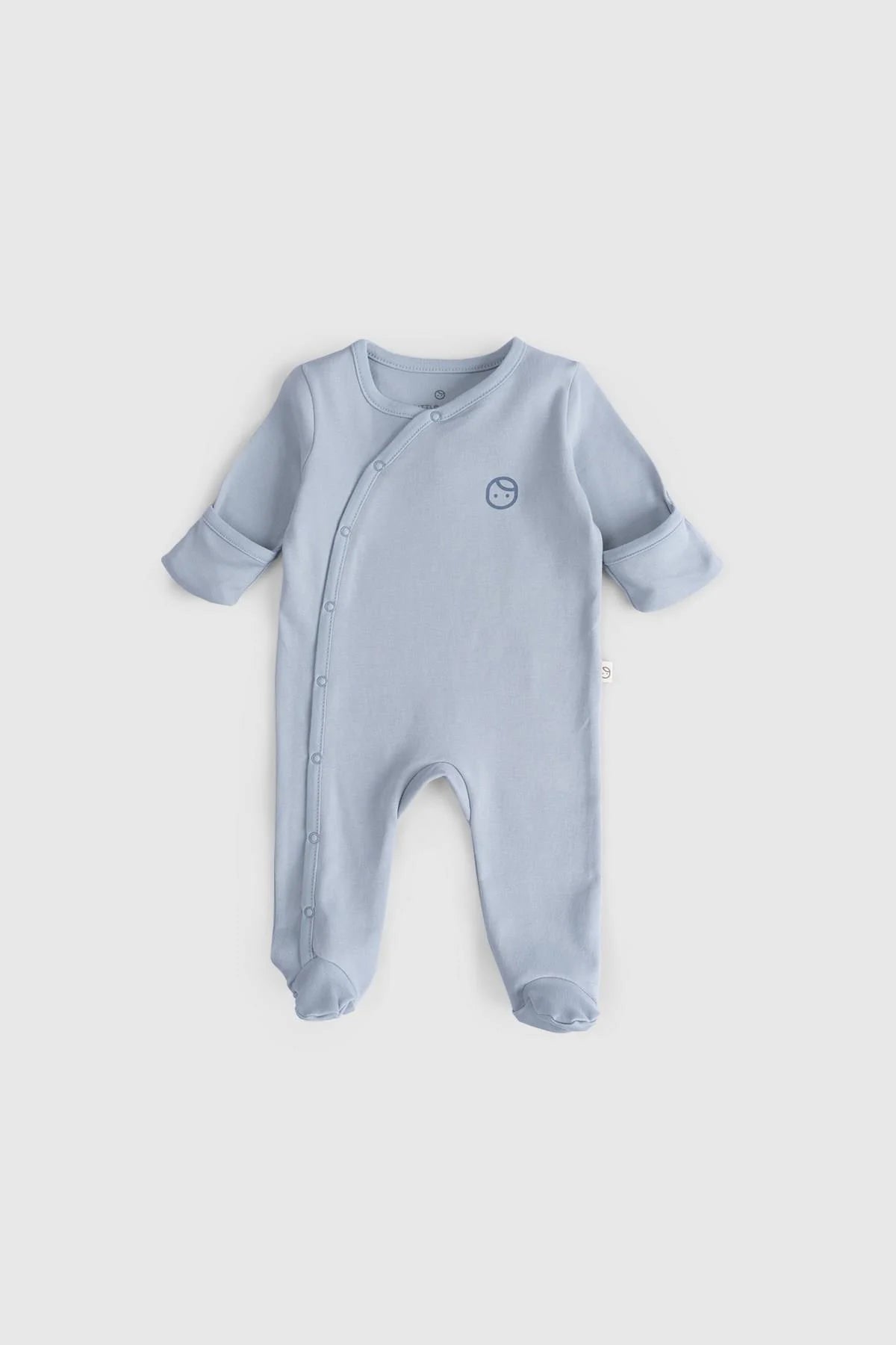Blue organic cotton baby sleepsuit with snap buttons and long sleeves.