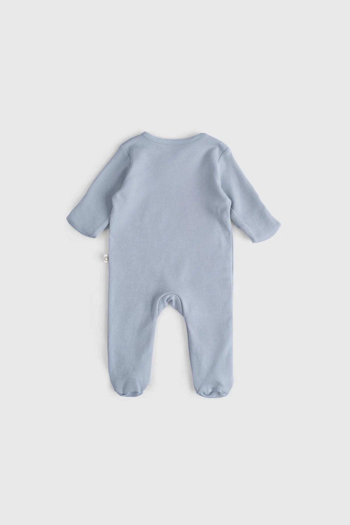 Back view of a blue organic cotton baby sleepsuit for infants, showcasing its soft fabric and design.