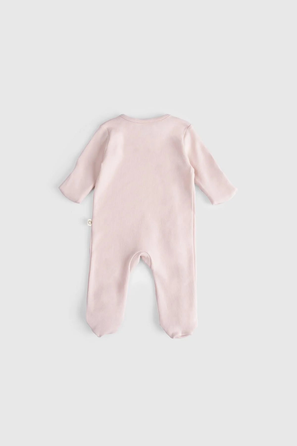 Back view of organic cotton baby sleepsuit in pink, featuring long sleeves and a soft, breathable design.
