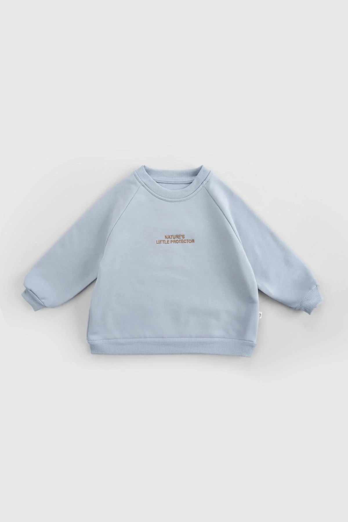 Organic cotton baby sweatshirt in light blue with stylish embroidery for comfort and quality.