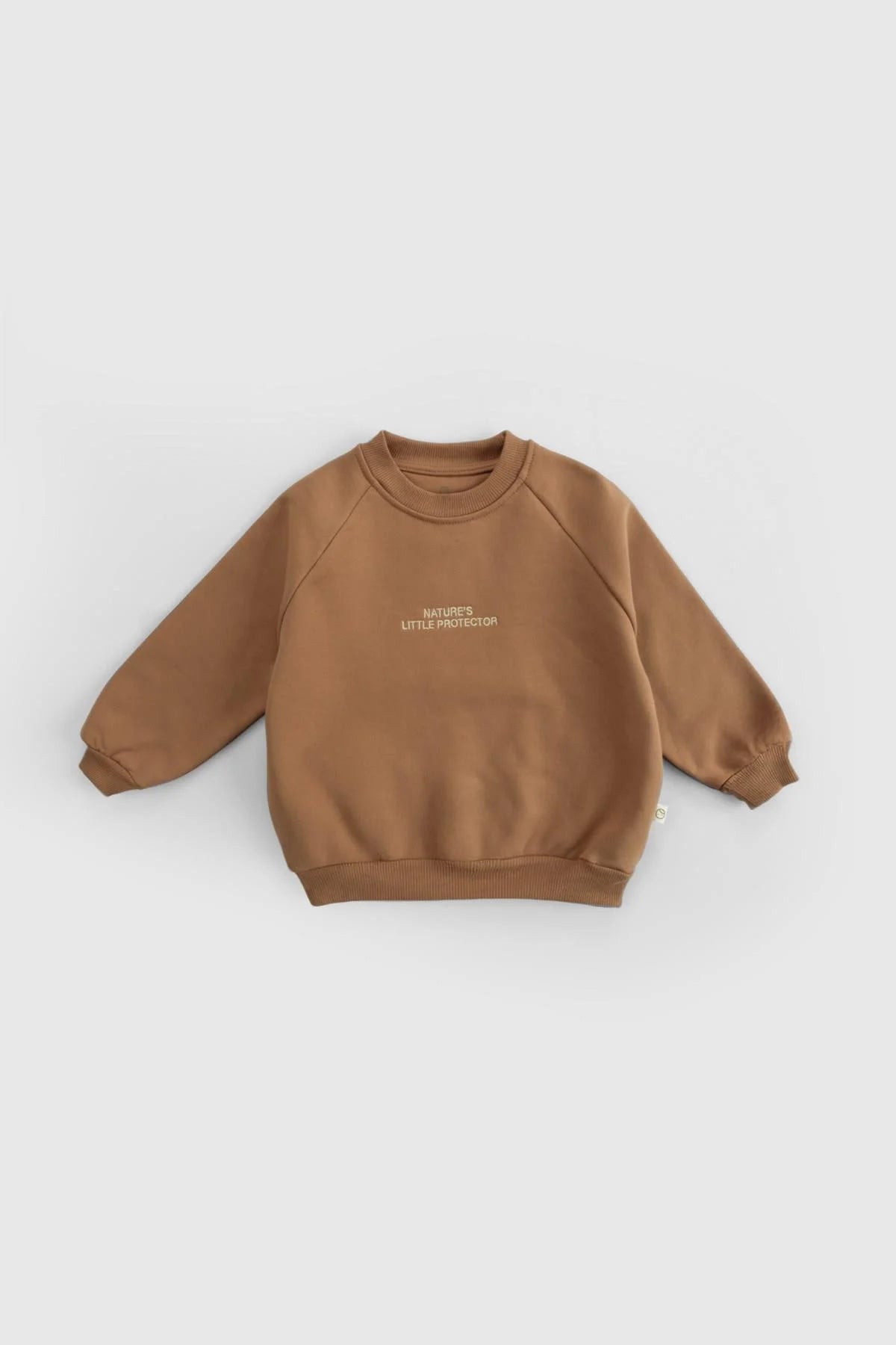 Organic cotton baby sweatshirt in brown featuring 'Nature's Little Protector' embroidery for stylish comfort.