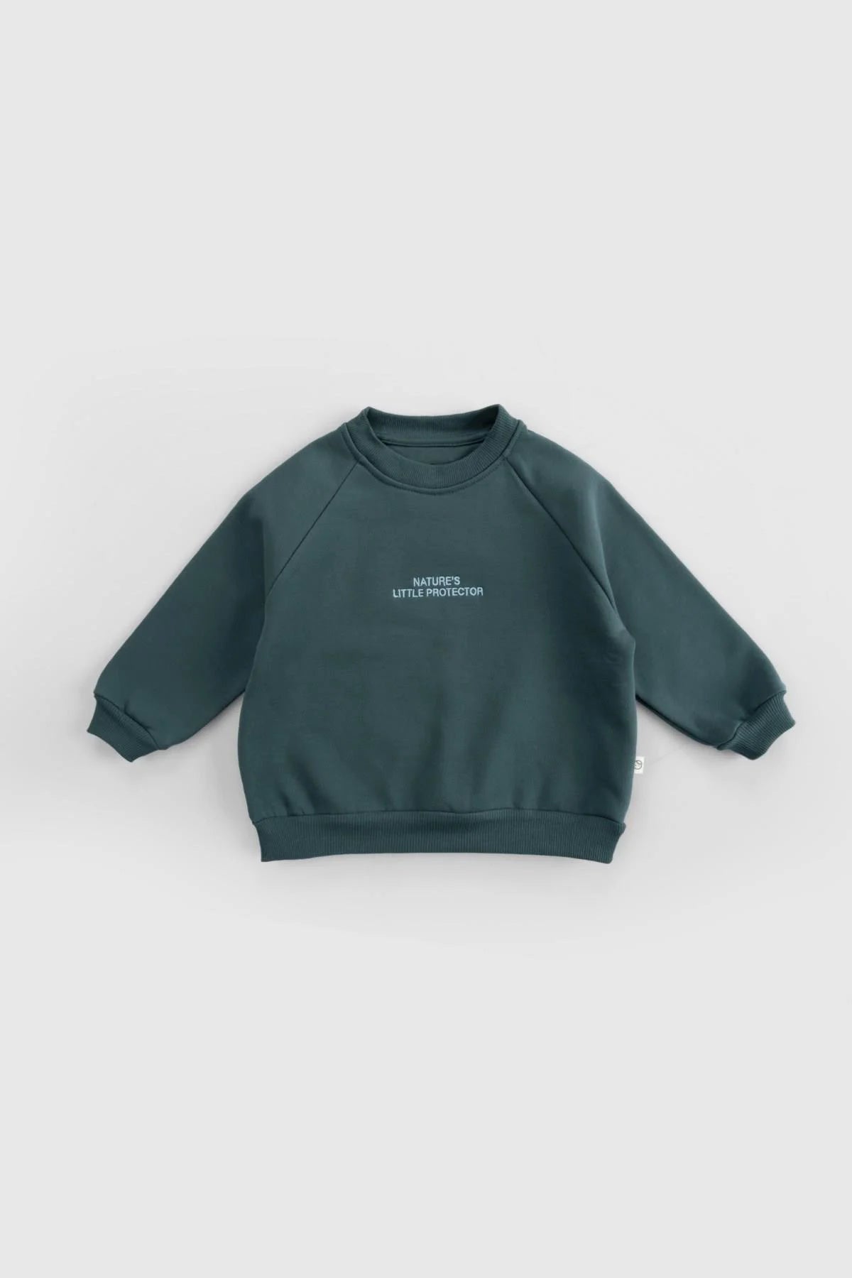 Organic cotton baby sweatshirt in green with 'Nature's Little Protector' embroidery, stylish and cozy for kids.