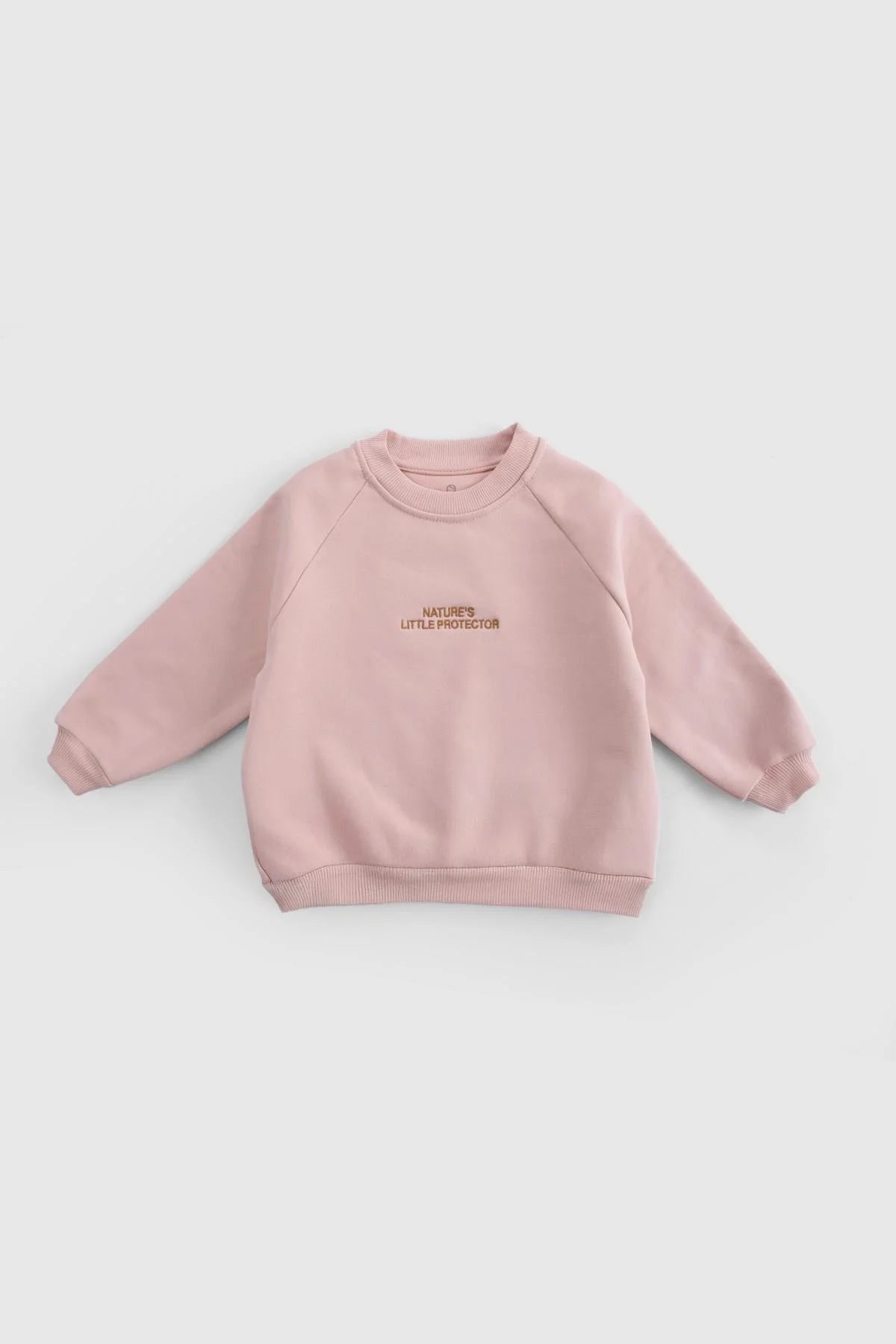 Organic cotton baby sweatshirt in pink with Nature's Little Protector embroidery, stylish and comfortable for infants.