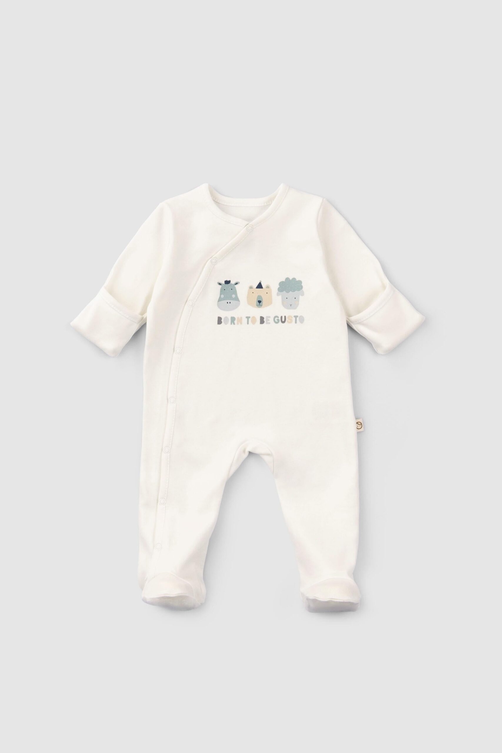 A set of two organic cotton baby onesies, one with footies and a snap button, and the other as a bodysuit with foldable mittens.