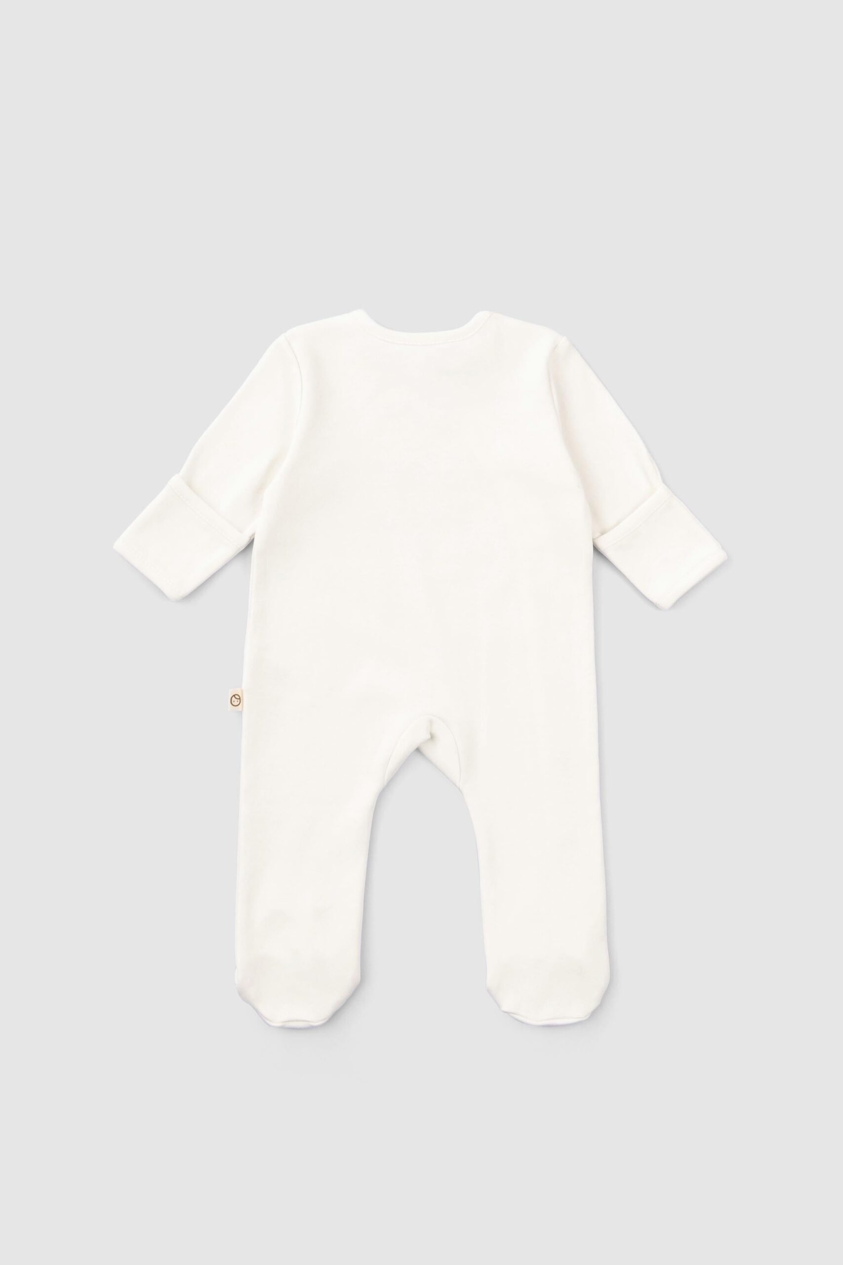 A set of two organic cotton baby onesies, one with footies and a snap button, and the other as a bodysuit with foldable mittens.