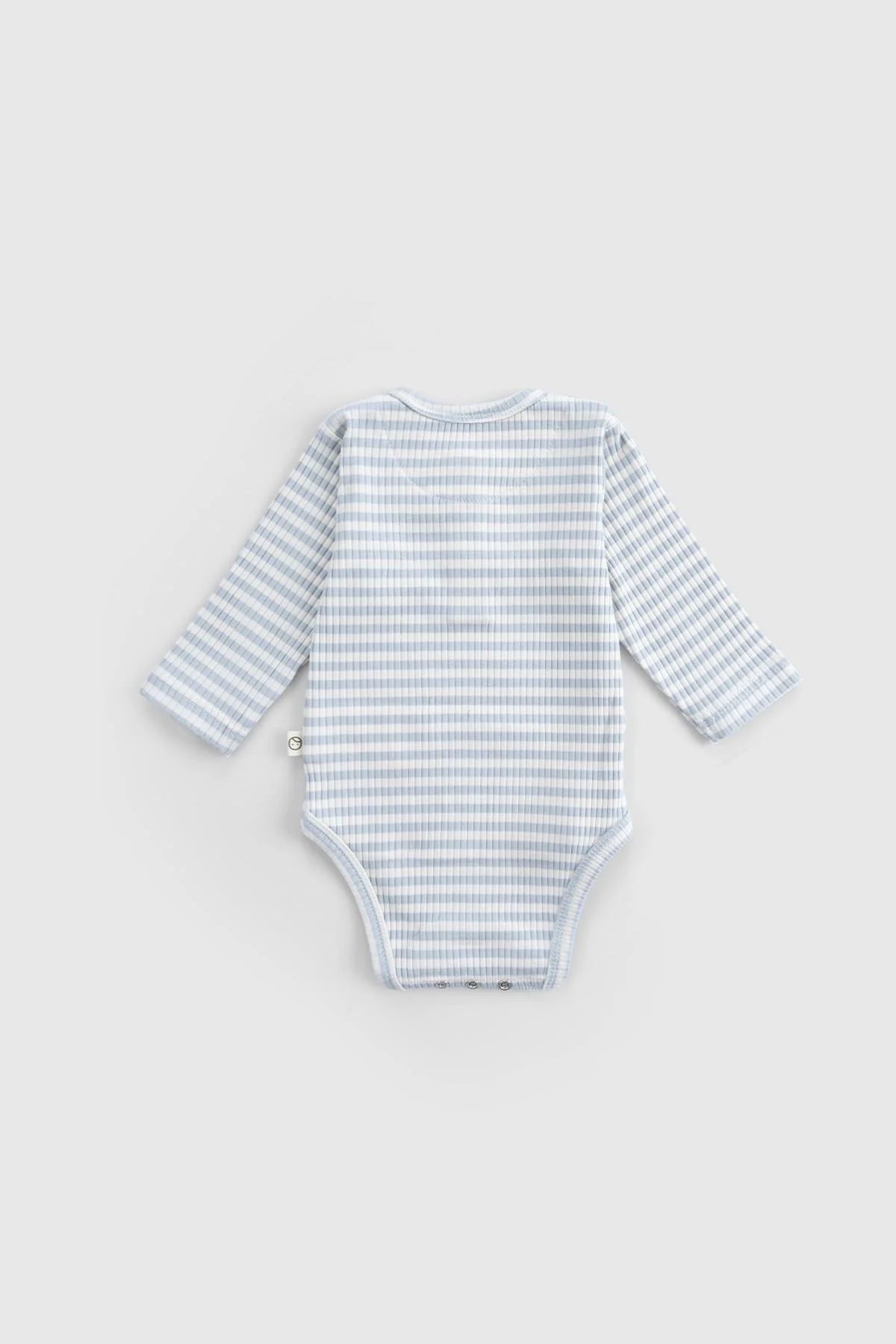 Back view of a blue striped organic cotton modal bodysuit for babies, featuring long sleeves and snap closures.