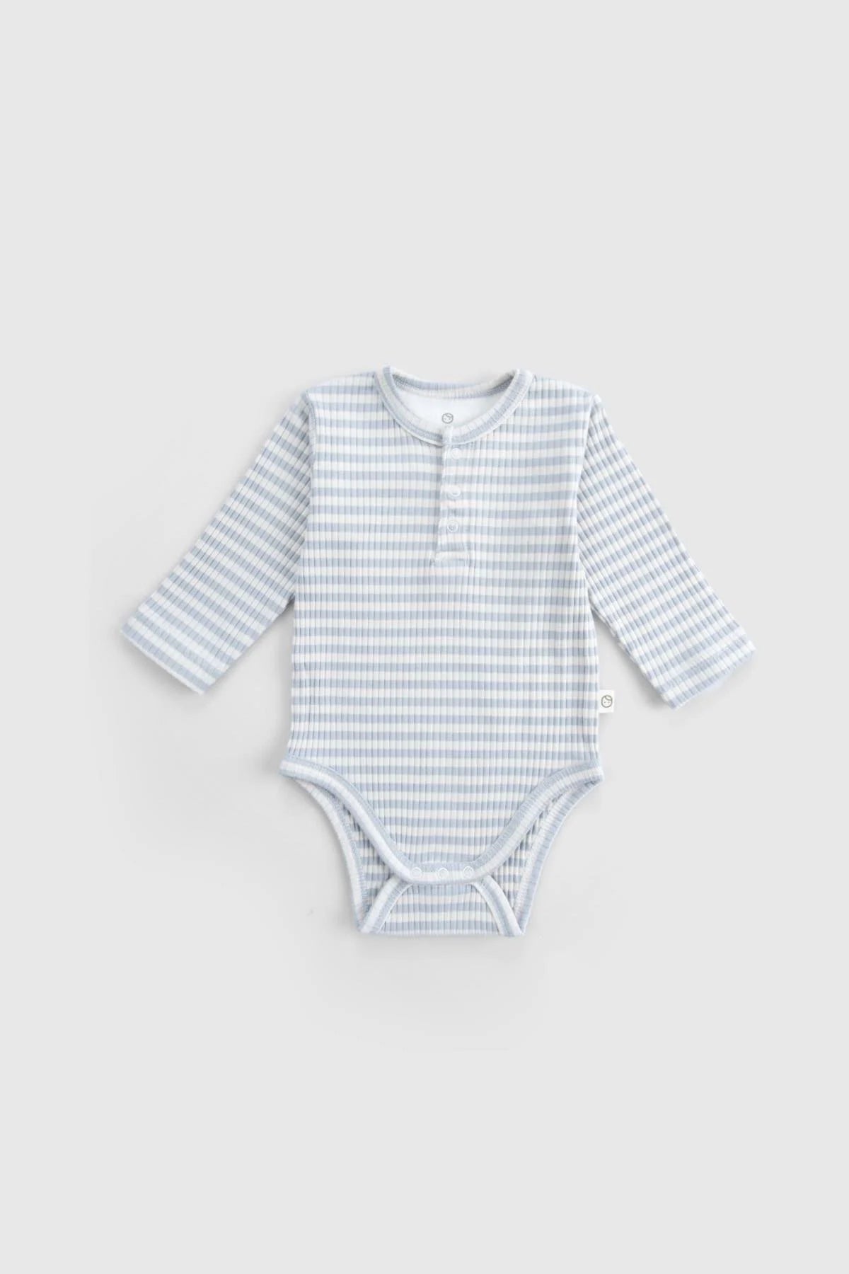 Organic cotton modal bodysuit in blue and white stripes, designed for baby comfort with snap closures.